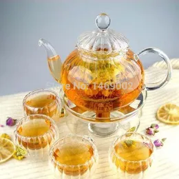 Set Heat-Resisting Glass Teapot W/Artistic Lid+6 Cups+1 Round Warmer Pumpkin pot coffee pot set glass clear set
