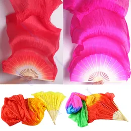 Wholesale-1Pc Hand Made Colorful Belly Dance Dancing Silk Bamboo Long Fans Veils 4 Colors Free Shipping