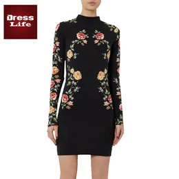 2015 New Womens Spring Autumn Black Print Floral Prom Dress Long Sleeve Cocktail Party Bodycon Celeb Vestidos Wrap Dresses