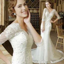 Designer Vintage Lace Wedding Dresses V collar Long Sleeves Cheap Sequins Beaded Beach Backless Bridal Gowns 2016 new HT112