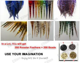 Queen Hair 5 - 7 Zoll Grizzly Hahn Feder Haarverlängerung 200pc Federn Erweiterungen + 200 Perlen SRF003