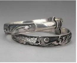 Partihandel Billiga 1Pair / 2 st sällsynta Tibet Silver Carved Dragon Mäns / Kvinnors Armband Bangle