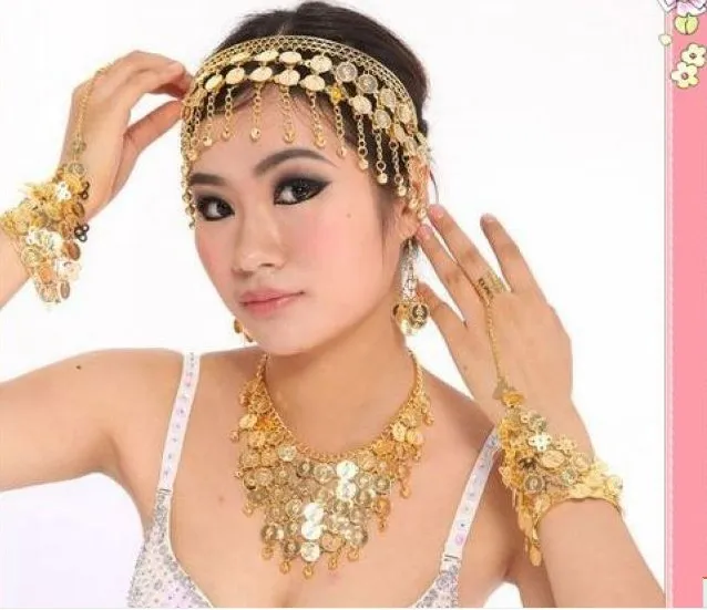 Belly Dance Jewelry Set With Headpiece, Necklace, Bracelets, And Earrings Bollywood Dancing