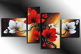 handgemalten Wandkunst Weiße Blumen-Rot die Windlandschaftsölgemälde auf Segeltuch 4pcs / set Feld