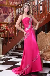 2015 Chiffon abiti da damigella d'onore una spalla rosa abiti da sera in pizzo Appliques corte treno reale immagine reale vestito da promenade DHYZ 02