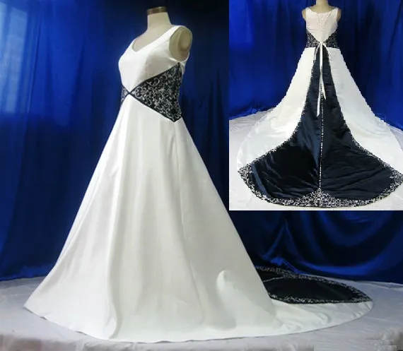 White And Navy Blue Mix V Neckline Embroidery Satin A Line Chapel Train ...