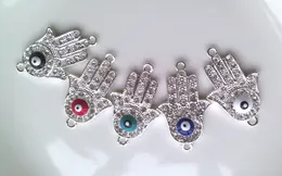 5 colors Silver Plated Alloy Crystal Sideways Evil Eye Hand Hamsa Bracelet Connectors Bracelet Charms Jewelry Finding & Components 25pcs/lot