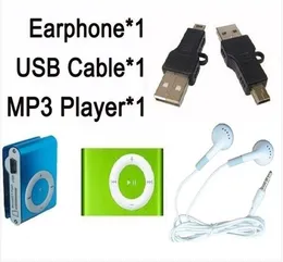 Gratis frakt 10 Ange / Lot Partihandel Ny metall Mini Clip MP3-spelare + USB-kabel + hörlurar med TF-kortplats + 8 färger