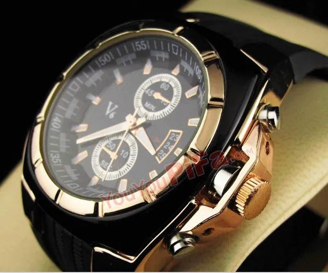 Golden Case Quartz Analog Silicone Fashion chronograph watch with V6 Strips Hour Marks and Round Dial