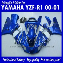 7 Gåvor Bodywork Fairings för 2000 2001 Yamaha YZF R1 YZFR1 00 01 YZF-R1 YZF1000 Glänsande Blå Vit Full Fairing Kit MM12