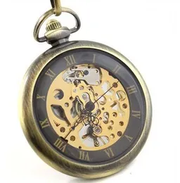 3pcs/lot Vintage Brass Roman Number Skeleton Mechanical Pocket Watch fob watch