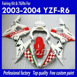 7 Prezentów Zestaw owiewki dla Yamaha 2003 2004 YZF-R6 03 04 YZFR6 YZF R6 YZF600 RED in White Fairings Zestaw OO18