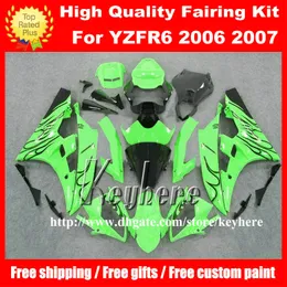 Gratis 7 gåvor Custom Race Fairing Kit för Yamaha YZFR6 2006 2007 YZF R6 YZF600R 06 07 Fairings G4M Black Flames i grönt motorcykel karosseri