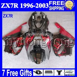 7Gifts för Kawasaki Hot Red Black 96-03 ZX7R 1996 1997 1998 1999 2000 2001 2002 2003 MK # 1234 ZX-7R ZX 7R Fairing Kit Red Flames Black