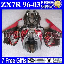 7gifts For KAWASAKI HOT red black 96-03 ZX7R 96 97 98 99 00 01 02 03 1996 1997 2003 MK#1434 ZX-7R ZX 7R Fairing Kit Red flames black