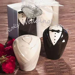 Darmowa Wysyłka (100 zestawów = 200 sztuk) Bride and Groom Ceramiczne Sól Pieprz Shakers Ślub Piwgi Ceramiczne Favors Wedding Favors Przyjęcie zaręczynowe