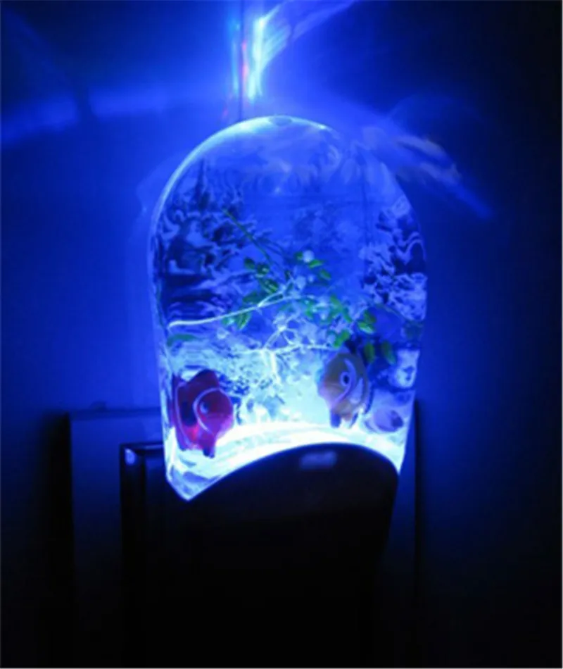  Newest Aquarium Design LED Night Lights Colorful Lighting 220V 50HZ LED Light with Decorative Plastic Fish and Plants Floating White Housing