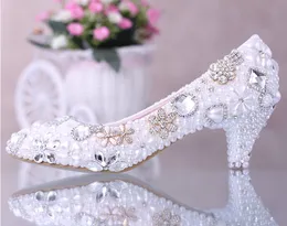 Lujoso y elegante vestido de novia de perlas de imitación, zapatos de novia, zapatos de tacón bajo con diamantes de cristal, zapatos de vestir para mujer y mujer, blanco