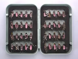 40 PZ TROTA MOSCHE PESCA A MOSCA SECCO BAGNATO HOOK BOX PINK BAIT