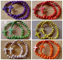 Venda por atacado - 15pcs Charme Moda Mix Color Turquesa Handmade Lado Maneiras Sideways Cross Bracelet Jewelry Finding