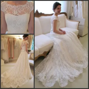 Hot Sale Charming Bateau Neck Lace Wedding Dresses A Line Cap Sleeves Bridal Gowns with Sash Bow Sweep Train Custom Made