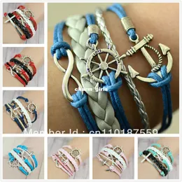 Handvävda handgjorda Infinity Anchor Rudder Antik Silver Pendant Blue Whit Silver Armband Gratis Frakt !!!