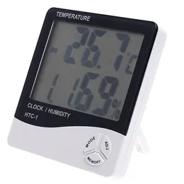 Multi-funktion HTC-1 Digital LCD-temperatur Luftfuktighet Hygrometertermometer Klockfuktighetsmätare med klockkalenderlarm 100PCS