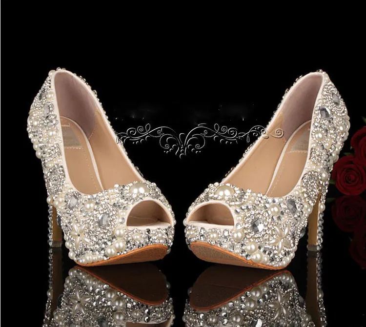 Women's Wedding Shoes Peep Toe High Heel Rhinestone Bridal Shoes