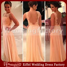 Stunning Sheer Tulle Backless Evening Dress A Line Bateau Sleeveless Peach Apricot Lace Chiffon Full Length Bridesmaid Dress