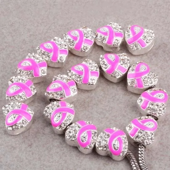 12x13mm Silver Crystal Pink Enamel Ribbon Breast Cancer Awareness Heart