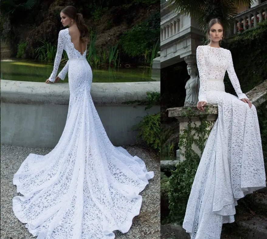 Mermaid Long Sleeve Wedding Dresses with Court Train Sexy Backless Bridal  Gowns