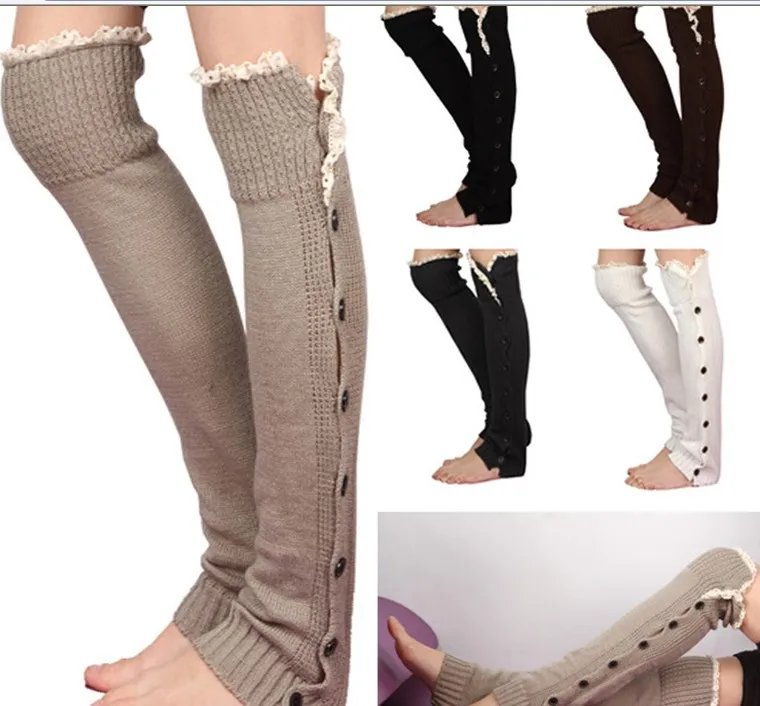 Long Solid Button Down Lace Knitted Leg Warmers Boot Stocking