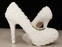 送料無料エレガントな白いレースのビーズの結婚式の靴4インチハイヒールのブライダルドレスの靴花嫁介添人の靴女性のフォーマルドレスポンプ