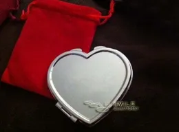 Blank Silver Heart Compact Speglar Makeup Spegel + Gratis Röd Påse Bröllop Bröllop Gåva Slip Frakt # M0838