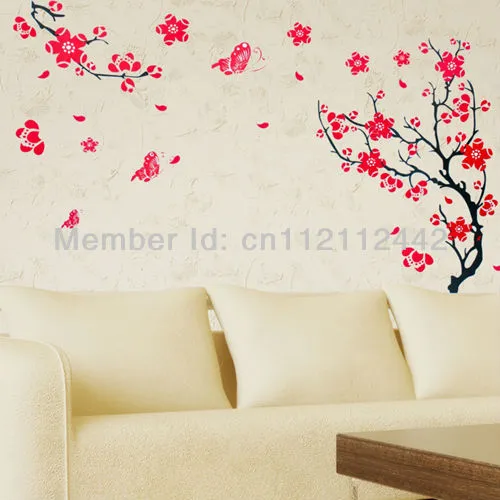 Fleur De Prunier Rouge Fleurs Arbre Noir Branche Stickers Muraux Stickers  Papillon Amovible Décor Toile De Fond Livraison Gratuite 50 * 70CM Du 18,21  €