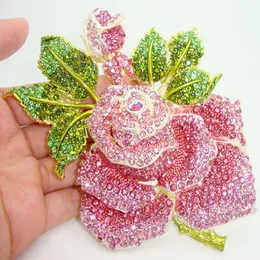 All'ingrosso-5 "Fiore di strass rosso con spilla in cristallo con foglia di germoglio rosa verde rosa sacra di lusso