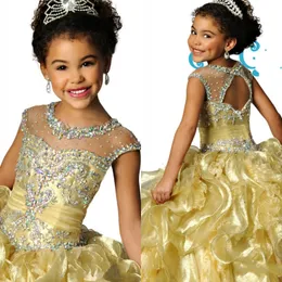 Berühmter Sheer Crewausschnitt Organza Perlen Kristall Backless Ruhnierte Mädchen Pageant Kleider Formale Kinder tragen