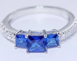 Biżuteria Moda Rozmiar 5/6/7/9/9/10 3ct Brand 10kt White Gold Wypełnione Blue Sapphire Topaz Trójko-kamienie Wedding Women Pierścień Dla Love Prezent