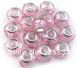 Mischfarben-Charms, 14 mm, Glas, 925er-Silber plattiert, Kern, rosa Seidenband, großes Loch, lose Perlen, passend für europäische Schmuck-Armband-Charms zum Selbermachen