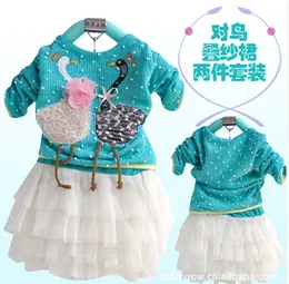 2014 Nova Primavera Outono bonito Diagrama Swan manga comprida Girls Dress Tutu Lace bebê Flora Set Para Criança Outono