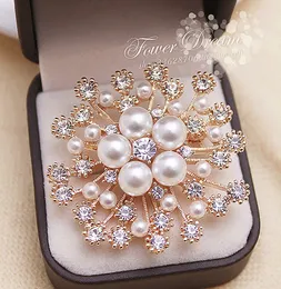 2 Inch Gold Plated Clear Rhinestone Crystal Diamante Cream Pearl Snowflake Wedding Brooch Bridesmaid Prom Party Pins