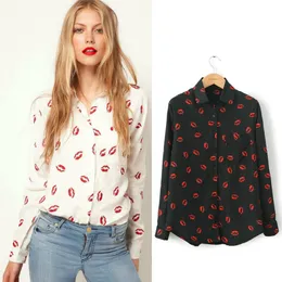 Wholesale-XS-XXL,2015 New Women Hot Sale  Design High Street Elegant Lip Print Chiffon Blouse Shirt,black;white,Y6045