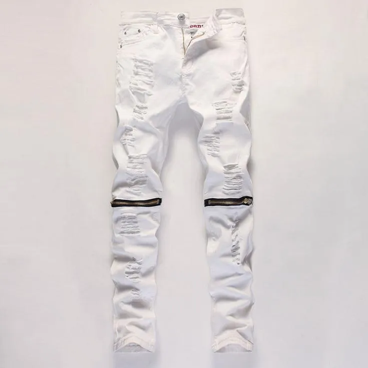 Mens White Ripped Stretch Jeans Slim Fit Distressed Denim Pants