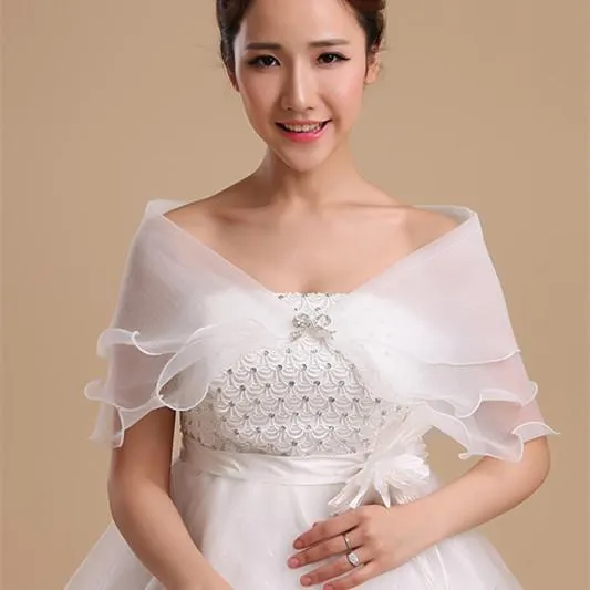 White Organza Bridal Bolero Jacket with Crystal Embellishment Sleeveless Wedding Shawl Coat for Brides