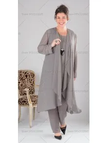 Elegant Gray Plus Size Mother Of The Bride Pant Suits with Jacket Chiffon 3  Pieces Formal Pant Suits for Women Mother Bride Gowns