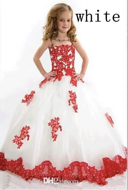 White Red Flower Girl Dress Tulle Lace Applique Sheer Neckline Beaded Ball Gown Wedding Party Pageant Gowns