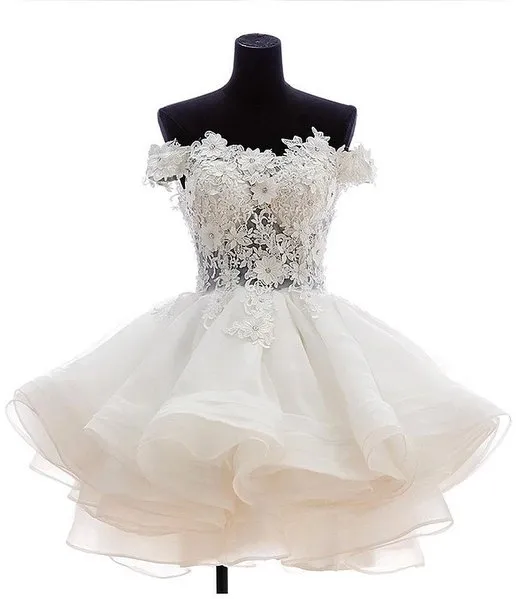 Off-Shoulder Organza Short Prom/corset homecoming dresses Short with Ivory Lace Appliques - 2021 Stock