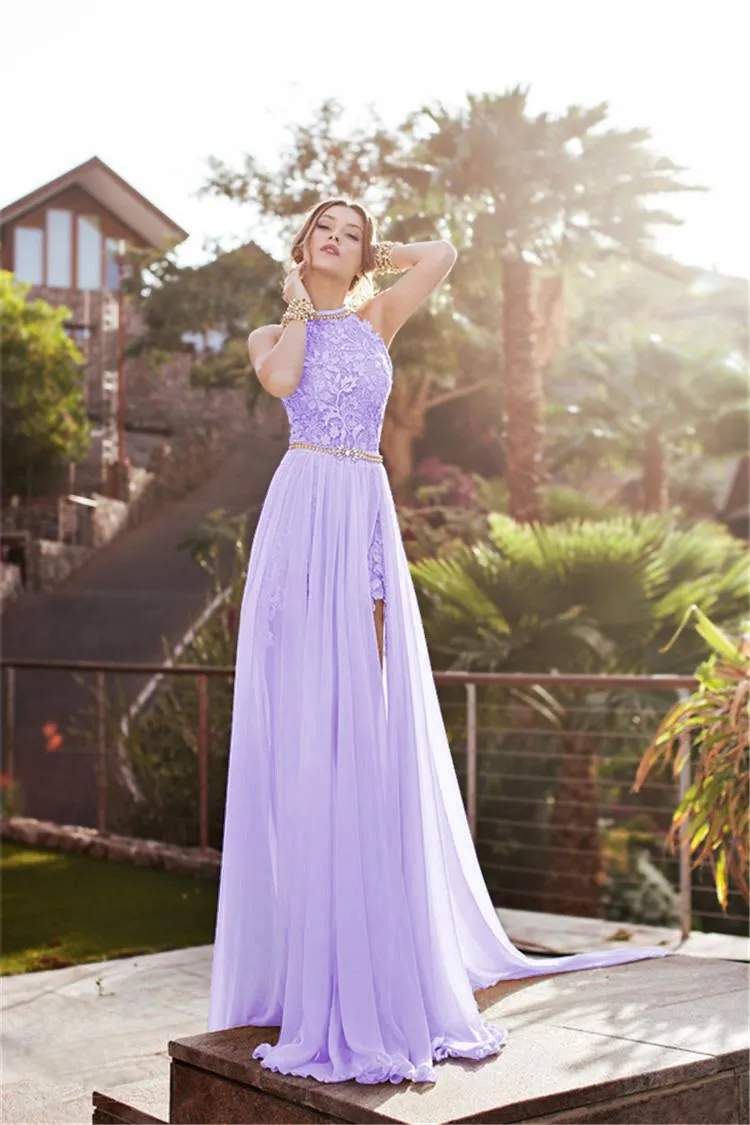 Elegant Halter Beaded Lace Chiffon Prom Dress with Backless Pleats and Split for Evening Party BO5557