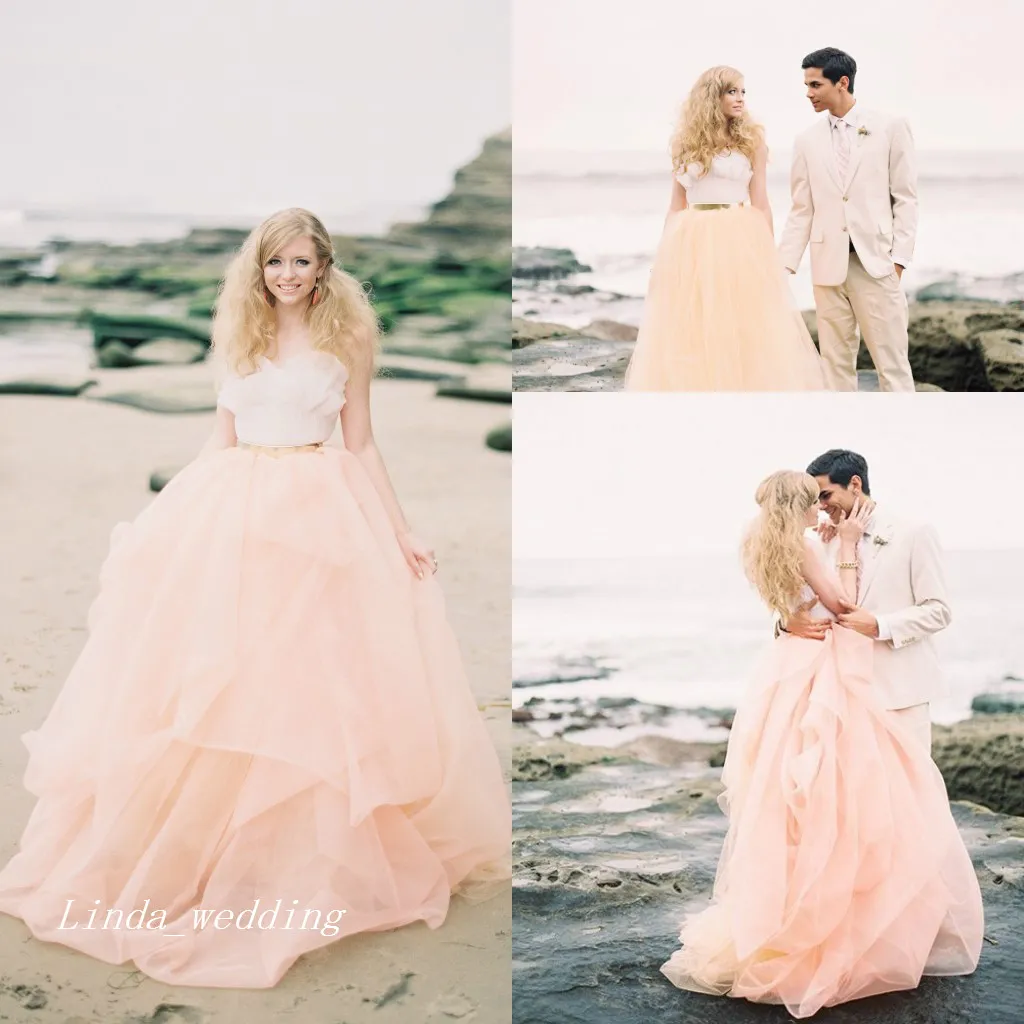 A Line Tulle Wedding Dress Peach Gold White Sleeveless Sweep Train Built in Bra Ivory or White 2024 Bridal Gown