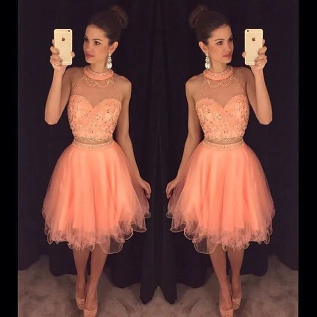 Dydsz Women's 2-Piece Short Prom Dress - Champagne A-Line Tulle Cocktail Gown With Lace Appliques - View #3